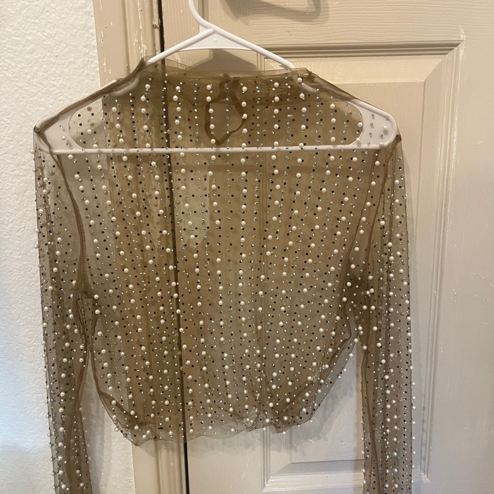 Endless Blu Rhinestone Pearl Mock Neck Long Sleeve Mesh Top QT8481 Size M - Picture 4 of 11
